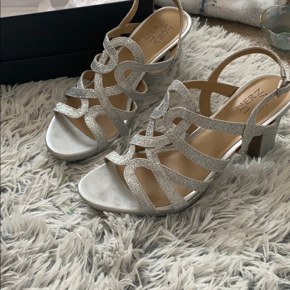 silver high heels